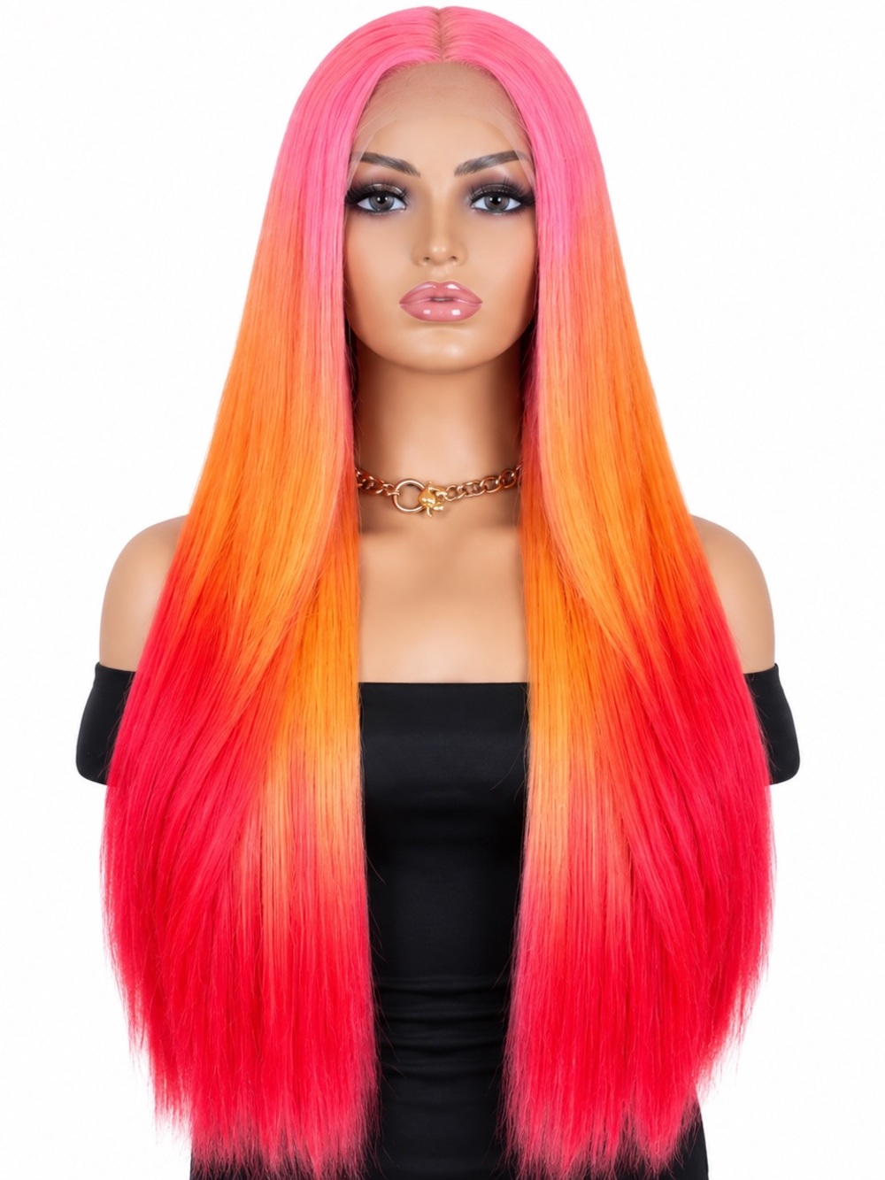Pastel rainbow Sleek Ombre Pink-Orange-Red Straight Lace Frontal Wig 28 inches l
